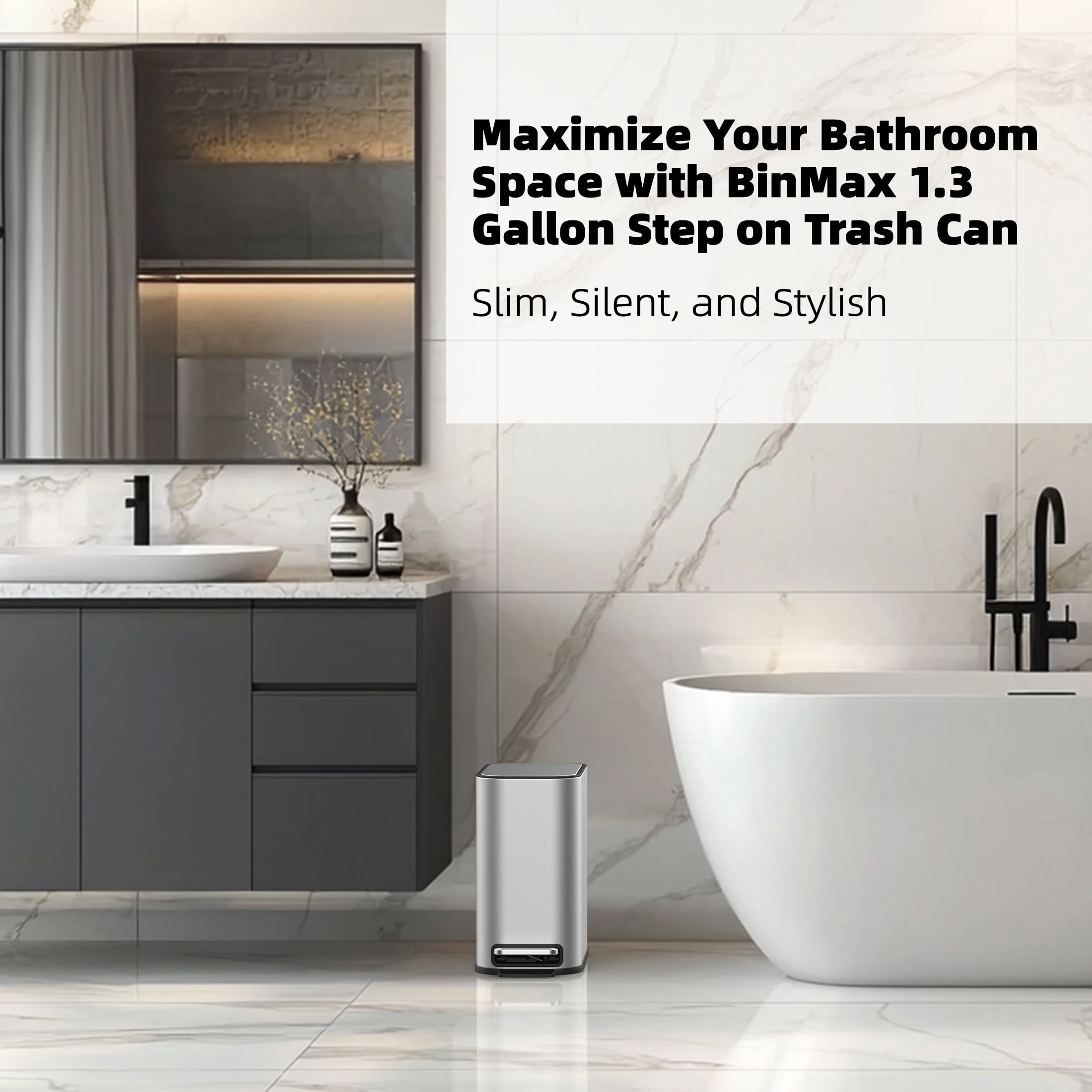 BinMax Step on Bathroom Garbage Can 1.3 Gal Fingerprint Resistant Stainless Steel Trash Bin with Lid