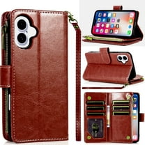 TJS for iPhone 16 Phone Case, Luxury Wallet Card ID Zipper Money Holder Cover (Brown)