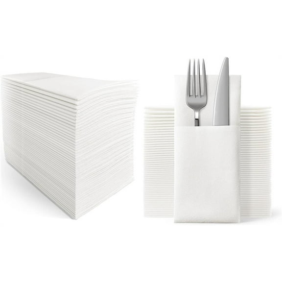 NOGIS 50PCS Paper Napkins - Disposable Napkins Built-in Flatware Pocket Prefolded Cloth Like - Heavy Duty Linen Feel Dinner Napkins for Party & Wedding & Events,White