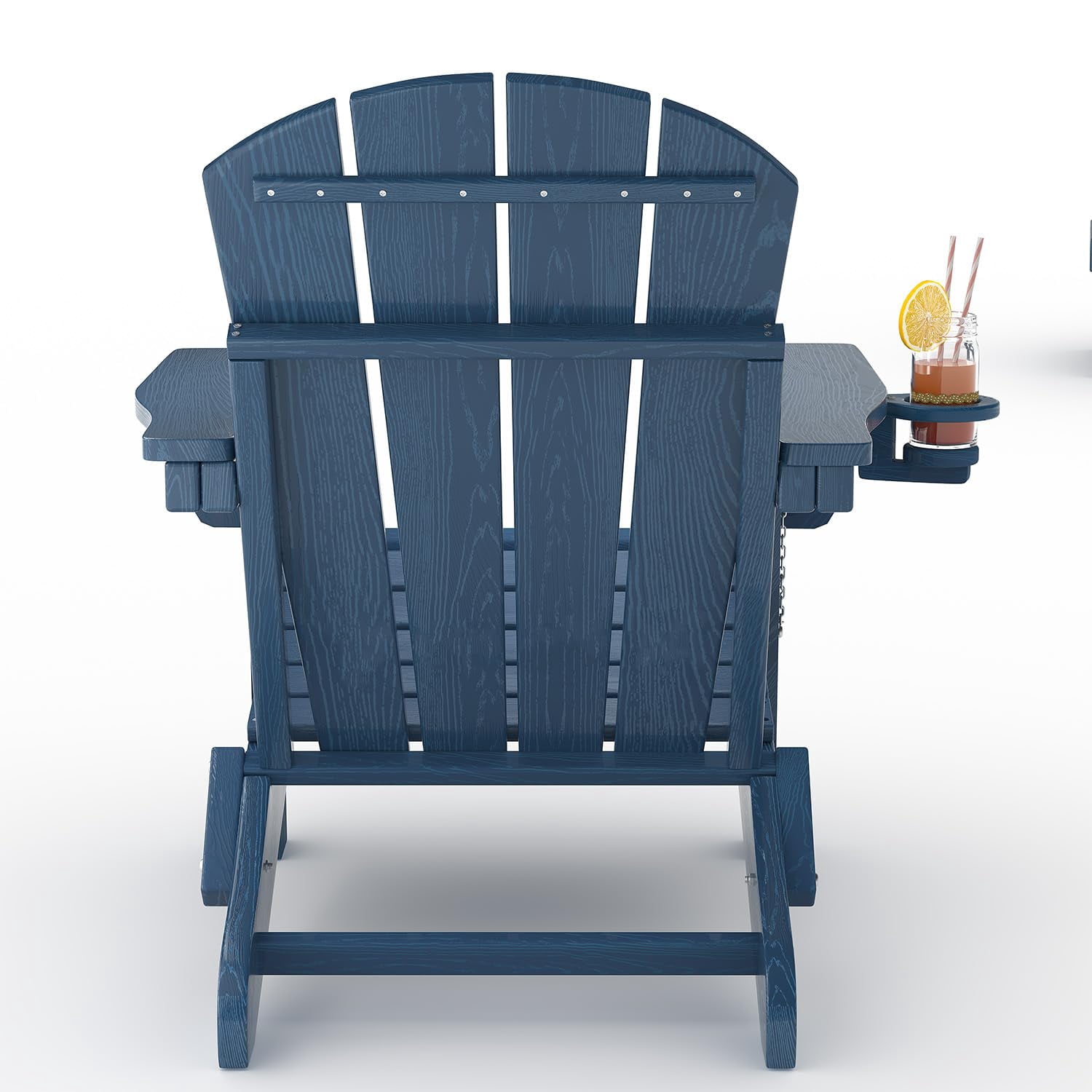 Folding Adirondack Chair Set of 4 with 2 Side Table, All-Weather HDPE Outdoor Chair, Wooden Textured with Cup Holder for patios, Decks, Gardens, fire pits, Navy Blue