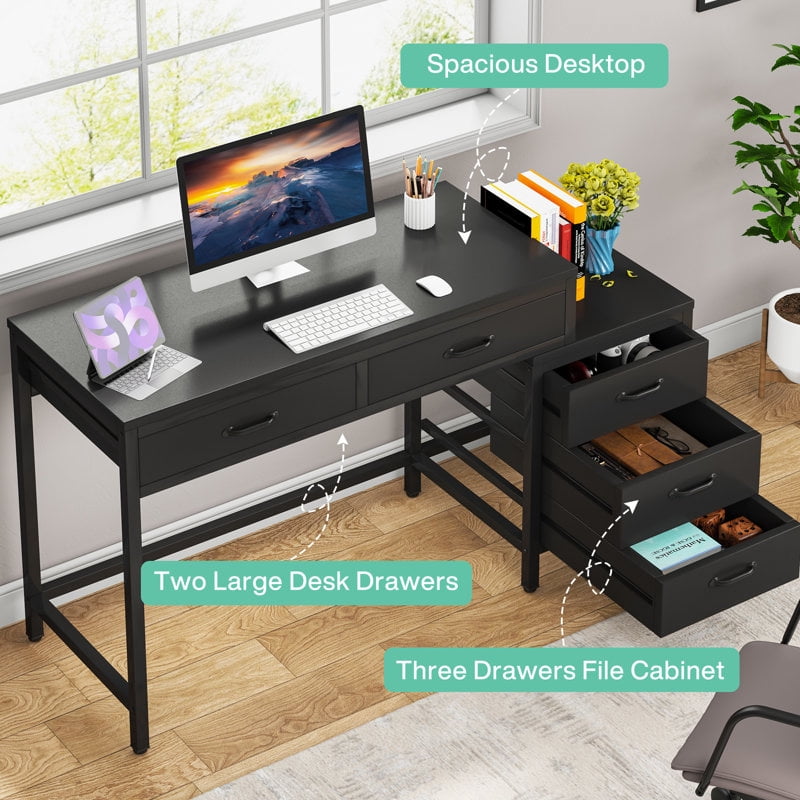Tribesigns Computer Desk with 5 Drawers, Home Office Desks with Reversible Drawer Cabinet Printer Stand, Industrial PC Desk with Storage, Rustic Study Writing Table Workstation for Small Spaces