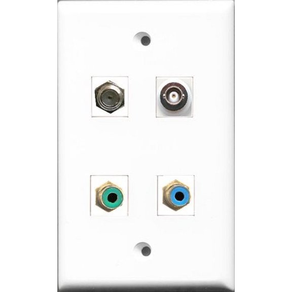 RiteAV 1 Port RCA Green and 1 Port RCA Blue and 1 Port Coax Cable TV- F-Type and 1 Port BNC Wall Plate