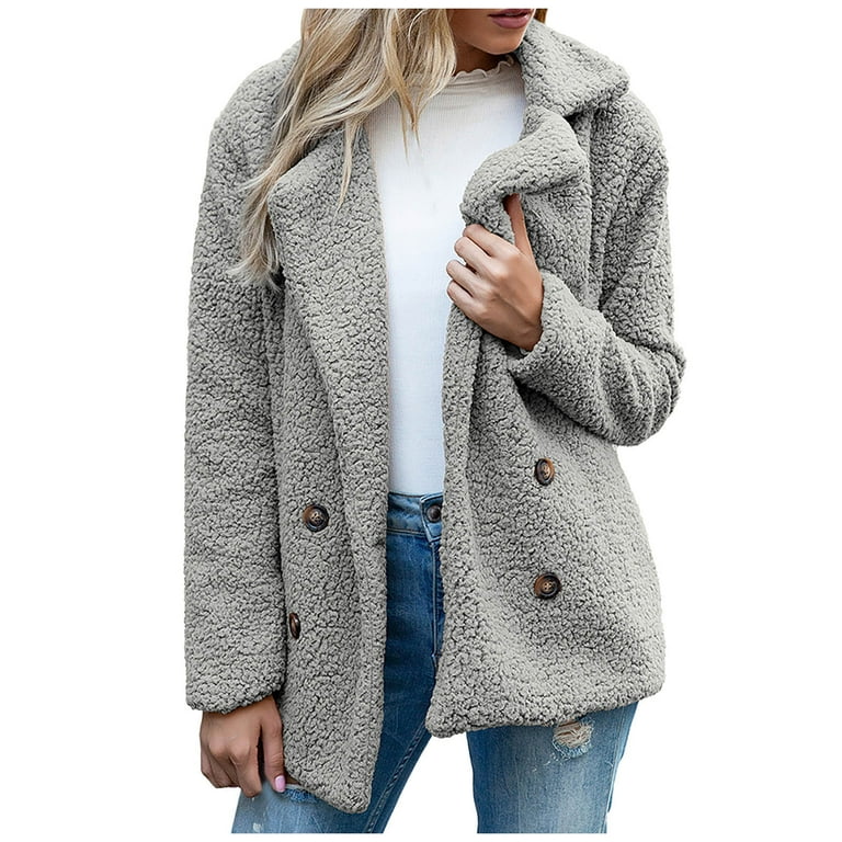 Winter Jackets for Women Solid Color Lapel Sherpa Jackets Button