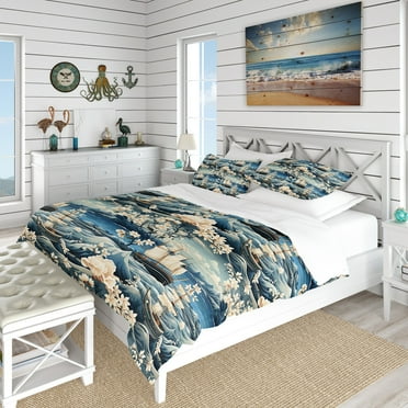 Designart "Coastal Boot Damask Journey" Blue Coastal Bedding Covert Set - Nautical & Coastal Bed Set With 2 Shams