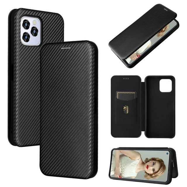 Étui pour Oukitel C21 Pro en Fibre de Carbone Magnétique, Étui Folio en Cuir avec Porte-Cartes et Support