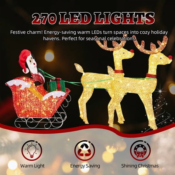 Lighted Christmas Reindeer & Sleigh Set, 270 Warm White LEDs, Collapsible Design for Indoor, Outdoor Home, Yard Decor