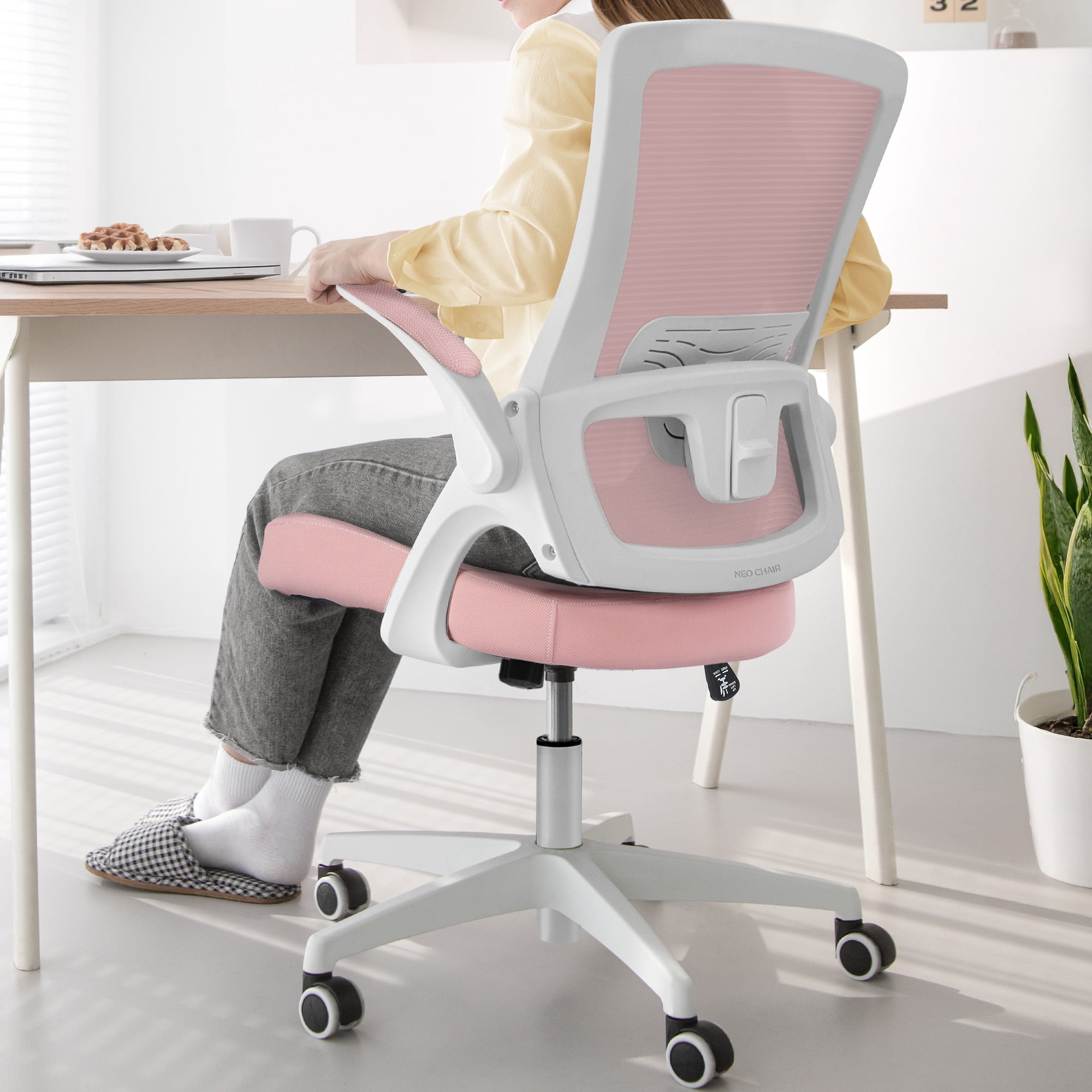 CELTOSS Ergonomic Office Chair, Wide Seat with Flip-Up Armrests, Lumbar Support, Adjustable Height, Comfy Home Task Computer Chair, Pink