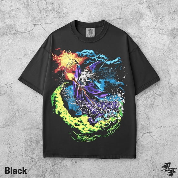 LOVETEE Fantasy Wizard Vintage 90s T-Shirt, Retro Sorcerer Magic Spell Shirt, Gothic Graphic Tee, Grunge Magical Y2K Top, Mystical Wizard Gift, Black S