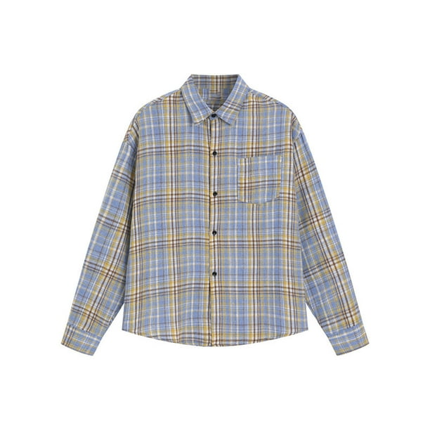 Blusa y camisa de manga larga con cuello vuelto para hombre, blusa informal a cuadros a la moda con botones y cuello vuelto, blusa de poliéster para hombre