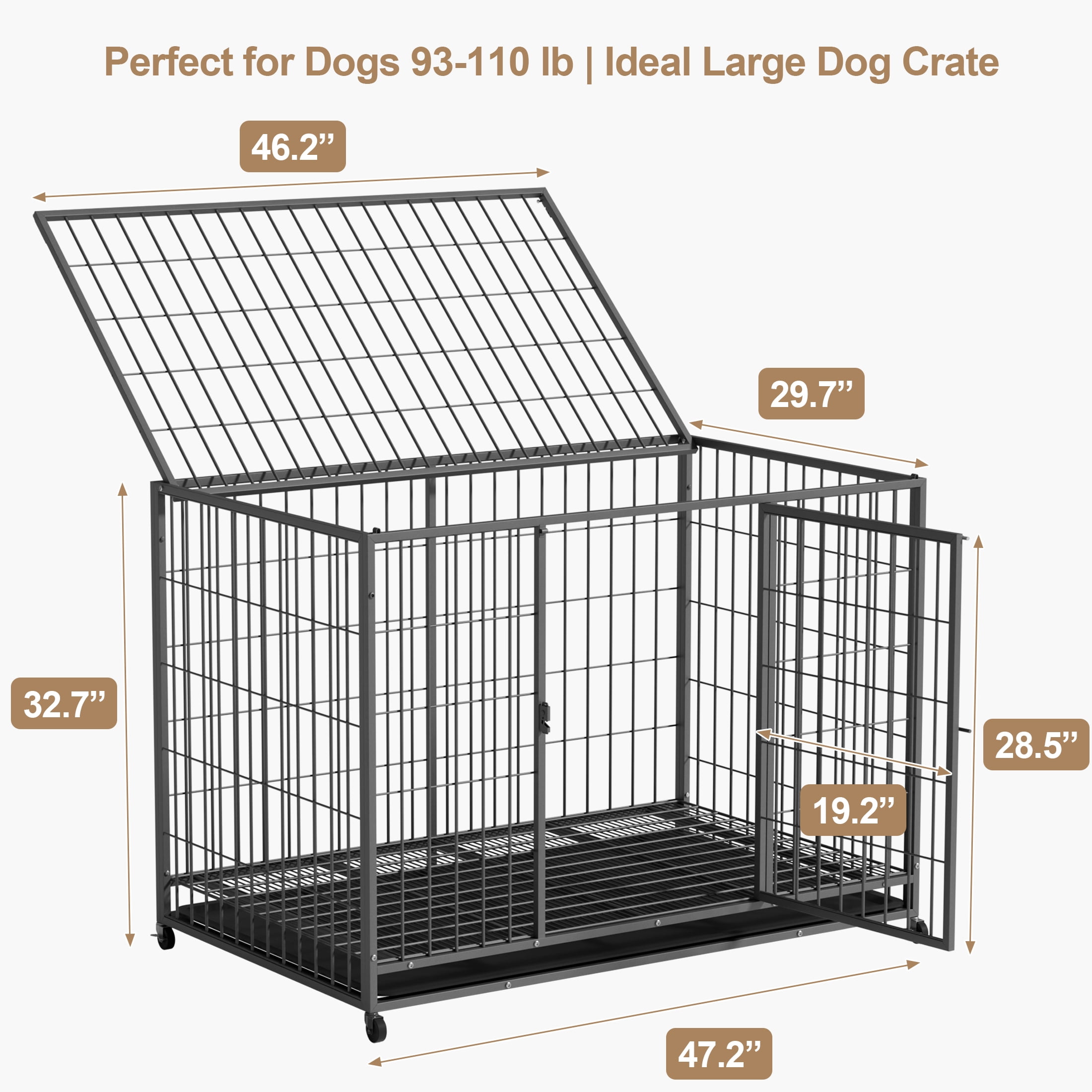 TIME RAY 48 inch Heavy Duty Metal Dog Crate for Large Dogs with RemovableTray, Double Door, Extra Large Dog Kennel for Yard Indoor Outdoor