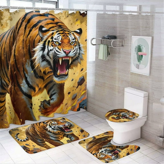 Tiger Print Shower Curtain Set 4-Set Jungle Animal Theme Bathroom Decor Set Includes Floor Mat ,Toilet Cover Mat ,U-Mat ,Shower Curtain with 12 Hooks,72inx72in