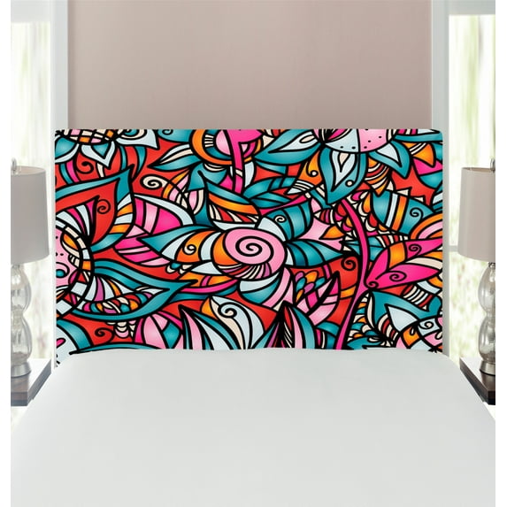 Abstract Headboard, Colorful Florals Sunflower Mosaic Curl Ornaments Stained Glass Inspired Design, Upholstered Decorative Metal Bed Headboard with Memory Foam, Twin Size, Multicolor, by Ambesonne