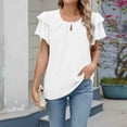 thumbnail image 4 of Stylish Olyvenn Women's Spring and Summer Ruffled Tops Puff Sleeve Fashion Loose Solid Color Keyhole Neck Short Sleeve Chiffon Shirt White 8-10, 4 of 8