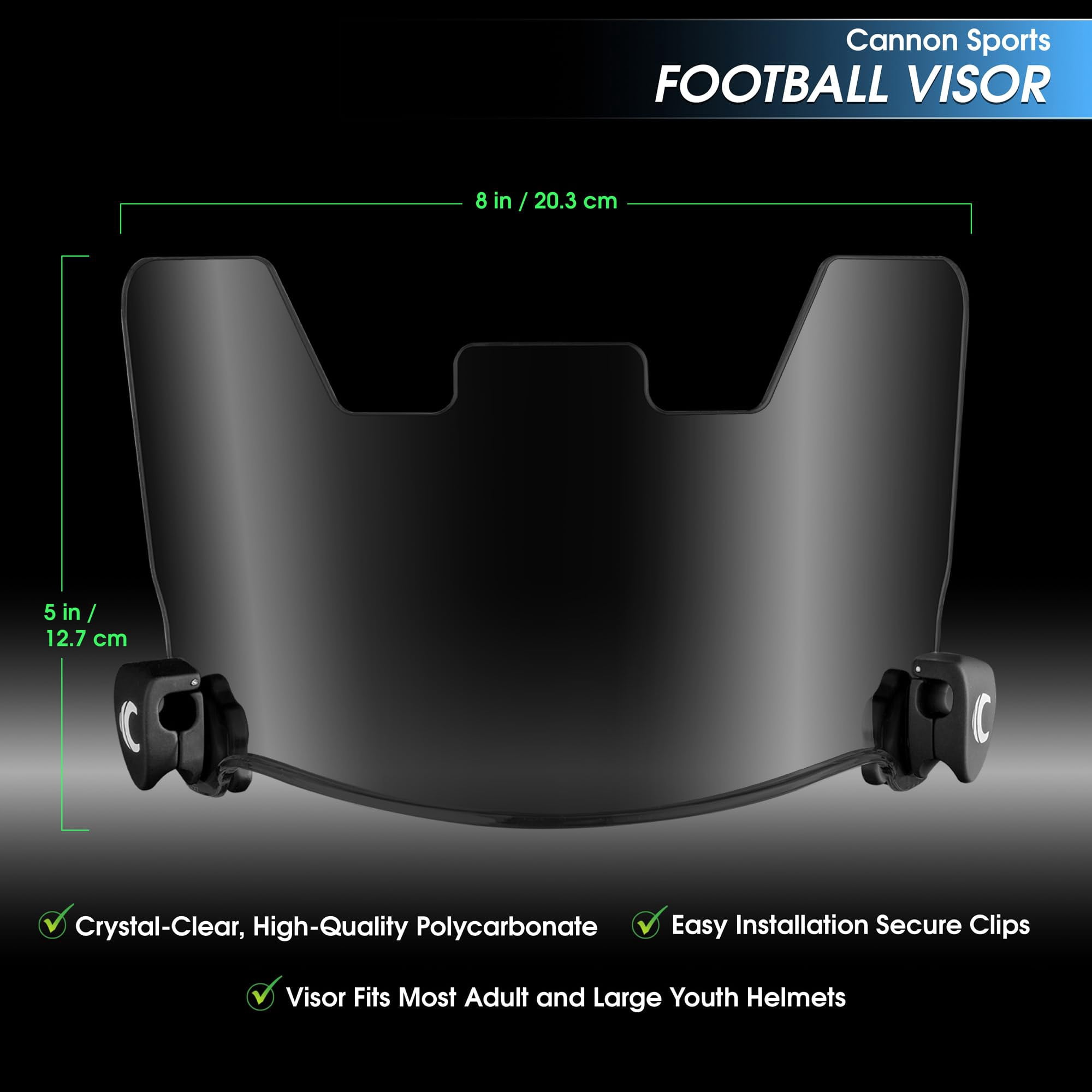 Cannon Sports Football Visor - Flat Lens Technology, UV Protection & Scratch-Resistant - Fits Adult & Large Youth Football Helmets (Black)