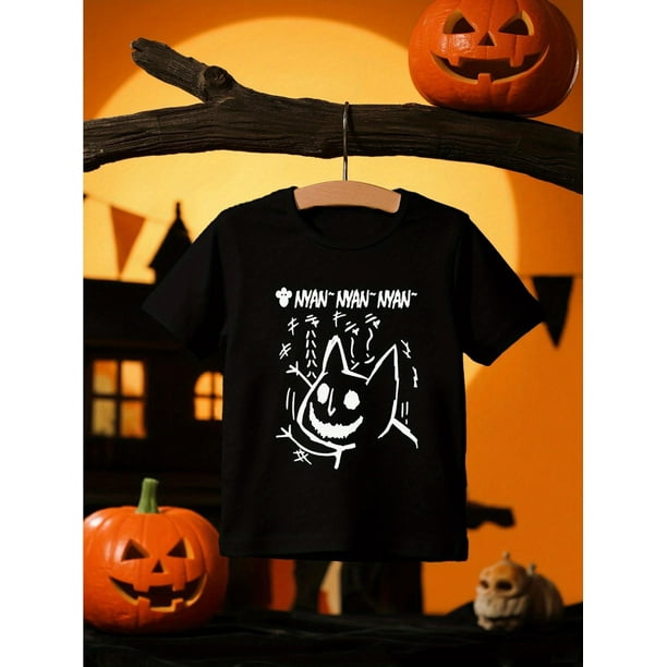 Girls' Halloween T-Shirt - Black with White Japanese text - Soft Knit Top for Toddlers, Kids, Teens - Cute Halloween Party outfit - Machine Washable apparel, Kids Casual Wear, Playful Graphic Tee