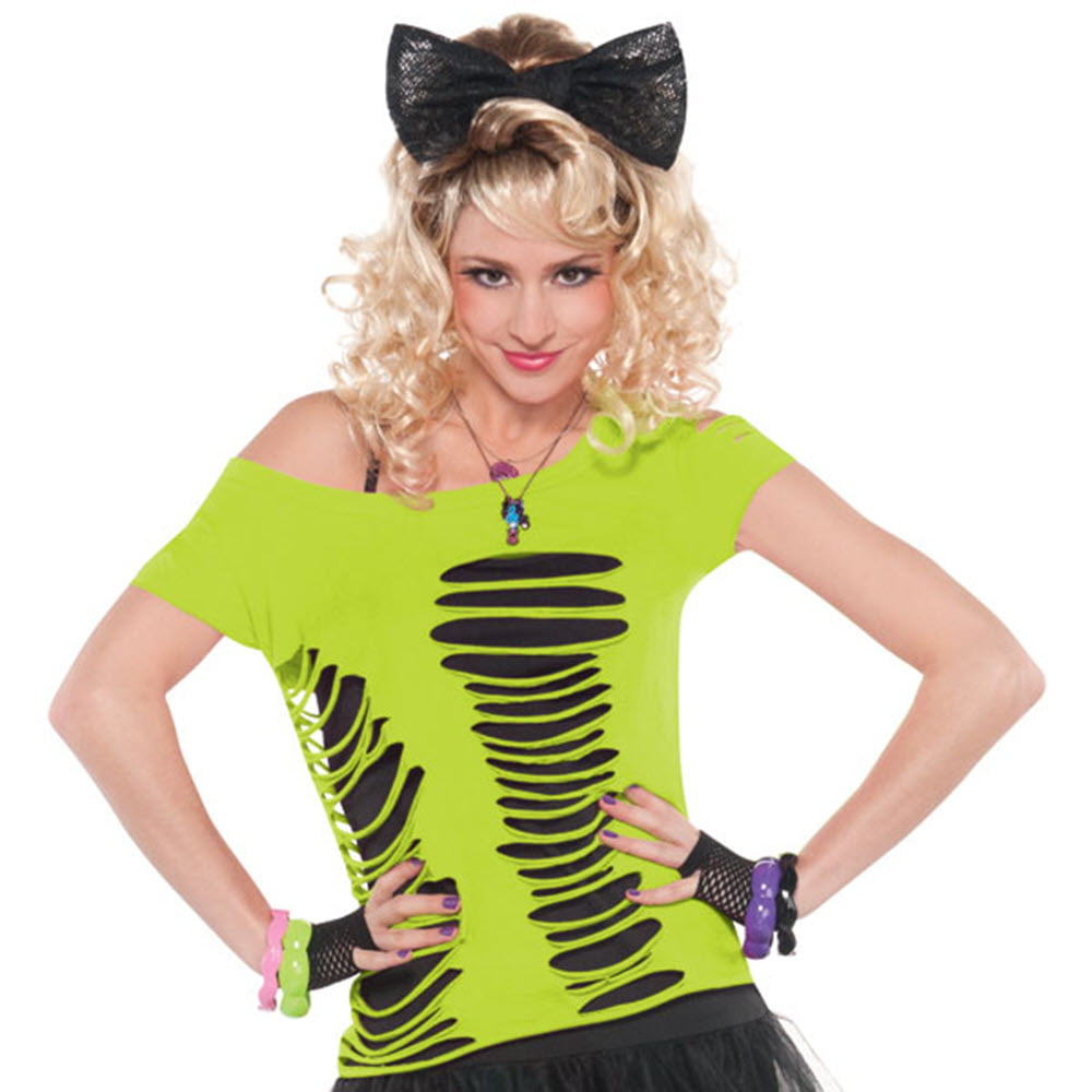 Neon Green Ripped T-Shirt Costume Womens Adult Rave 80S Fashion Party Top  Outfit - Walmart.Com