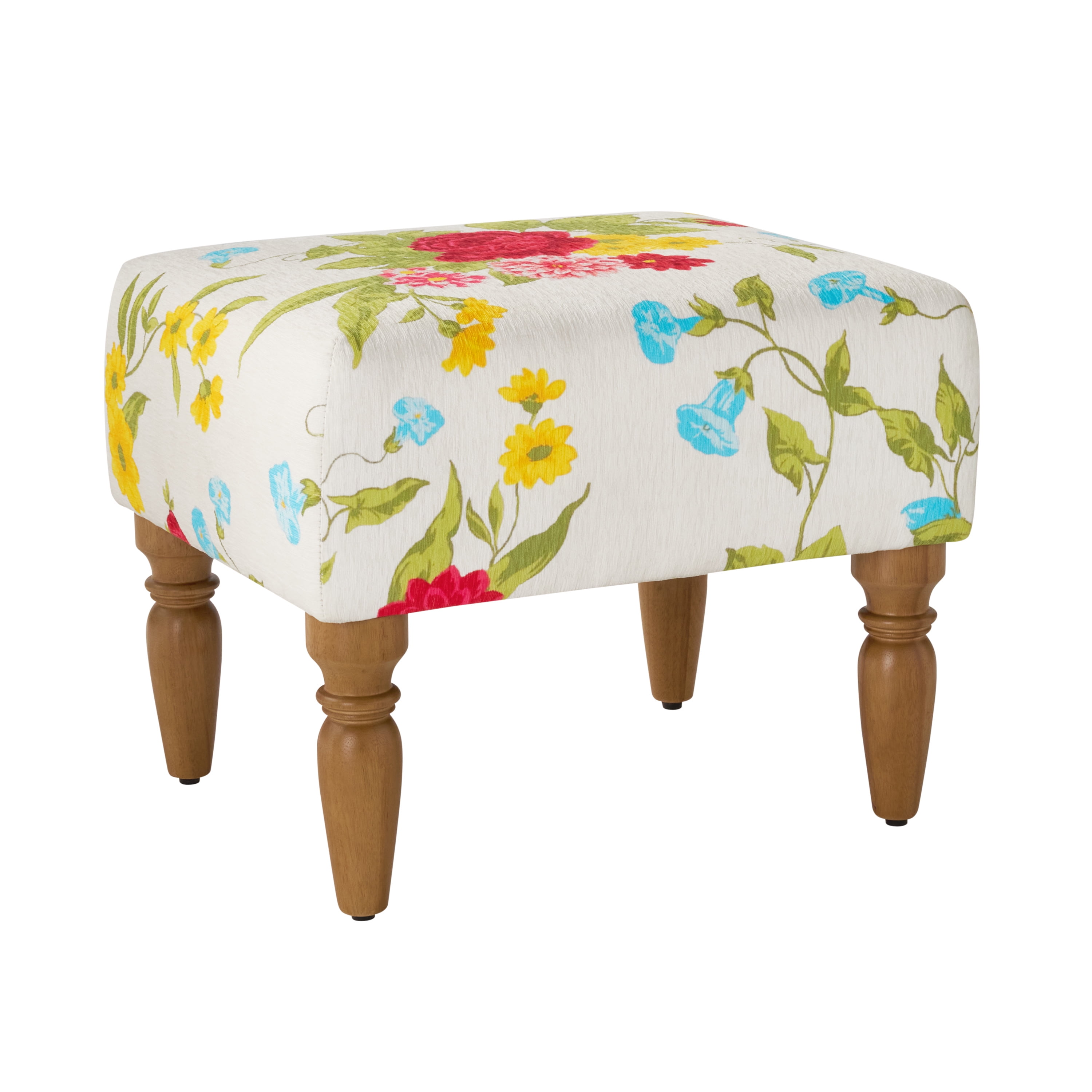 The Pioneer Woman Sweet Rose Ottoman, White Floral, 17.25 in Seat Height