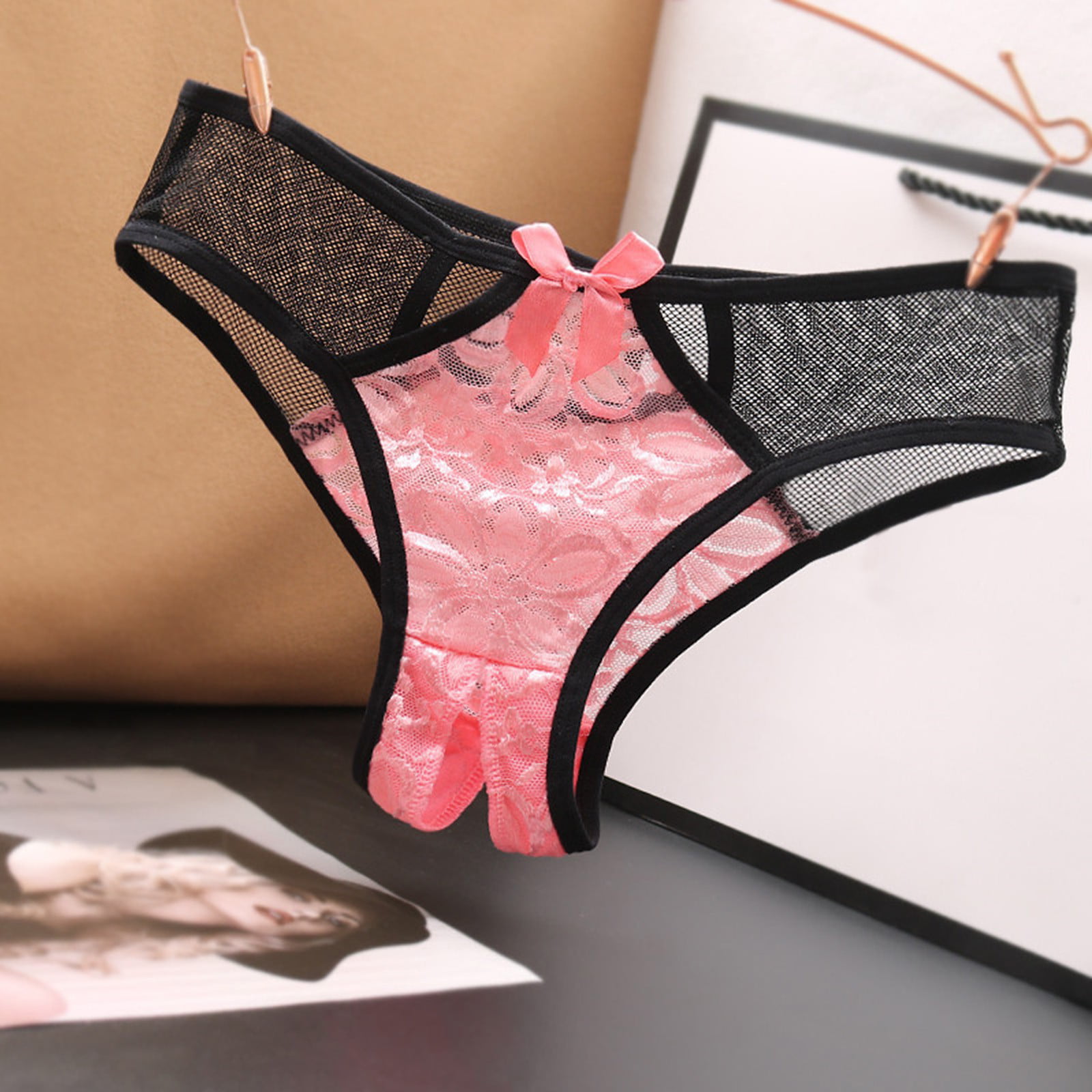 Cathalem Satin Lingerie for Women Low Open Waist Underpants Crotch Lace  Panties Women's Underwear Briefs Pin up Lingerie Set Underwear Pink One Size