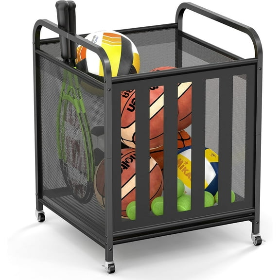 Large Rolling Ball Storage Cart – Metal Ball Bin with Lockable Wheels and Elastic Straps, Holds Basketballs, Soccer Balls, Toys and Sports Equipment, Indoor & Outdoor Organizer – Black