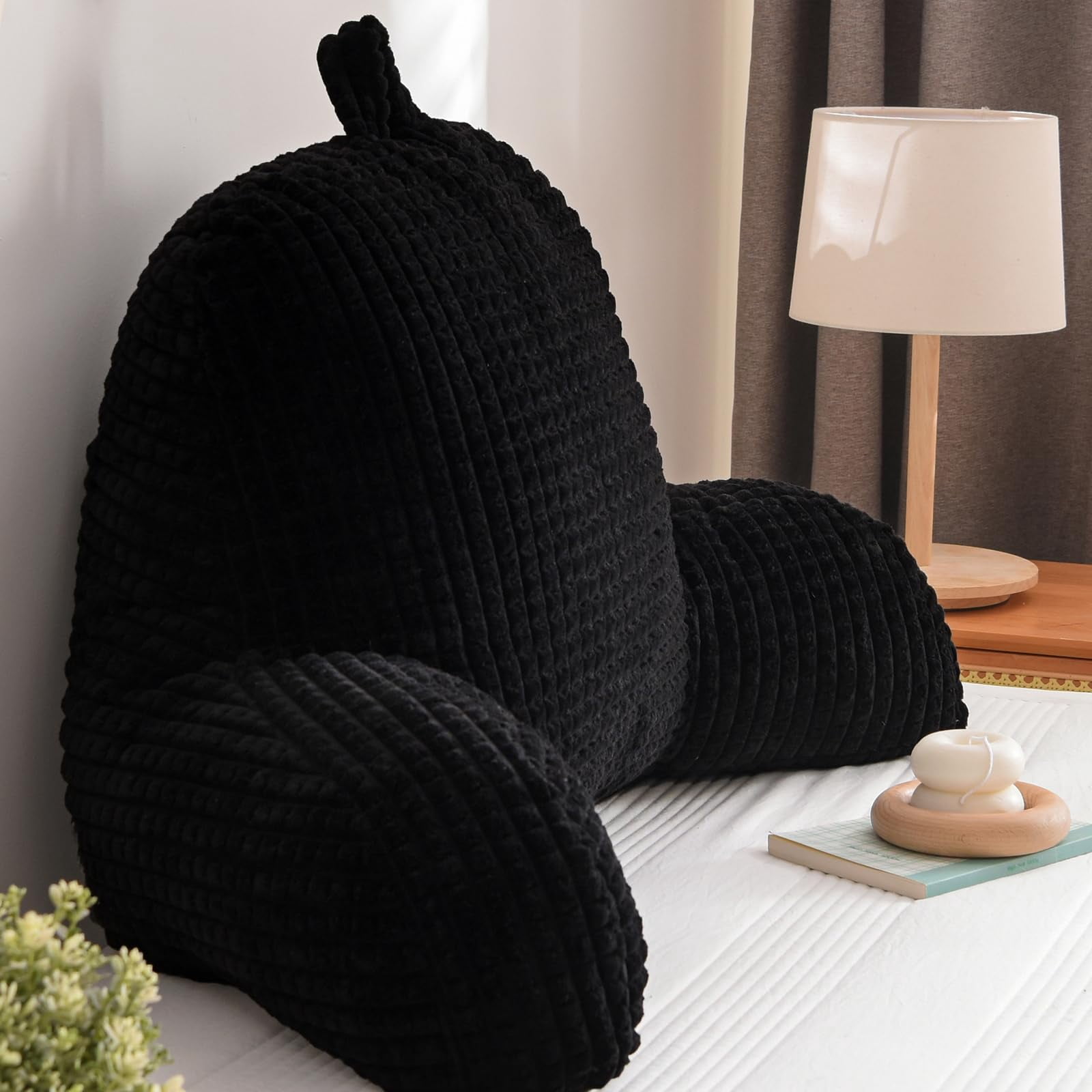 Comfortable Night Reading Pillow Bed Wedge Large Backrest with Arms for Sitting Up in Bed or Couch, Support Cushion for Lounging, Waffle Texture, Dark Grey