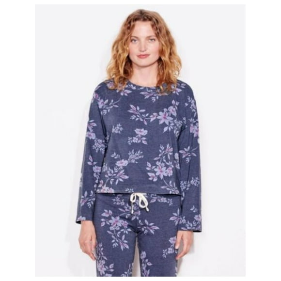 SUNDRY Womens Navy Ribbed Slitted Pullover Floral Sweatshirt Juniors 1