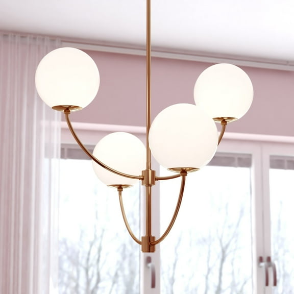 Avers 4 Light LED Compatible Gold Brass Mid-Century Modern Chandelier White Globe Glass