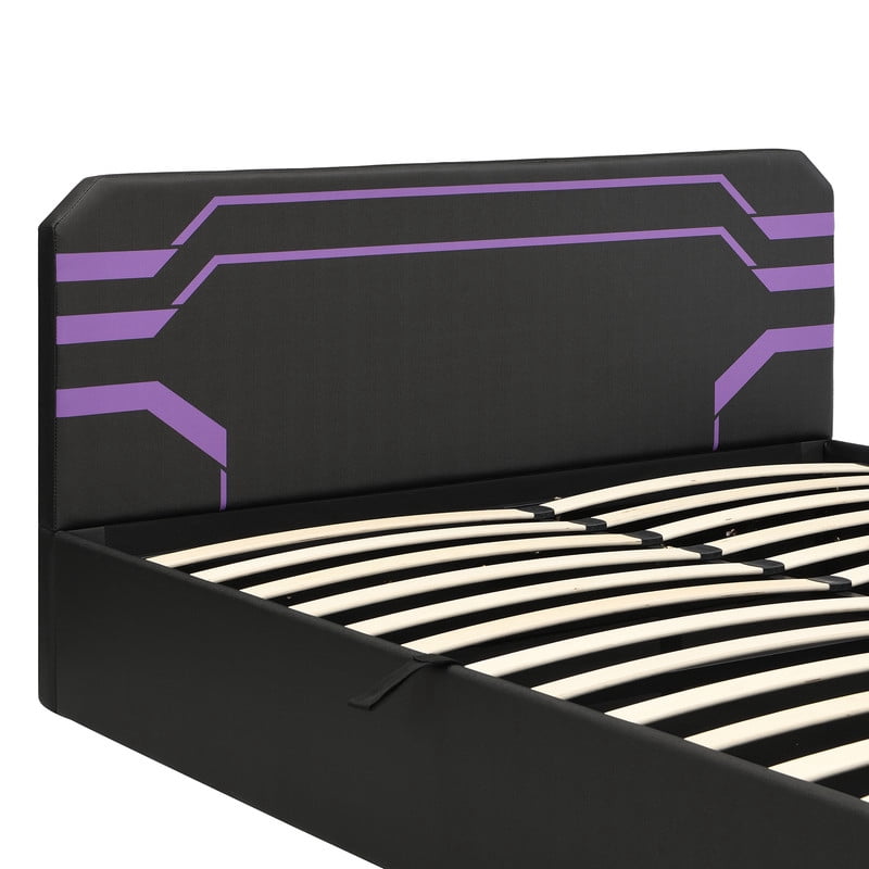 Queen Size PU Leather Gaming Bed Frame with Hydraulic Storage, Cyberpunk Style Platform Bed with Futuristic Pattern Headboard