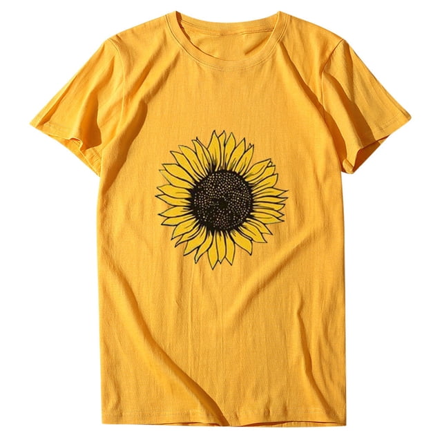 Gibobby Playera de Verano para Mujer Blusa corta Tops Estampado girasol Cuello Mujer Tallas grandes Camiseta manga larga Blusa redonda para mujer(Amarillo,M)