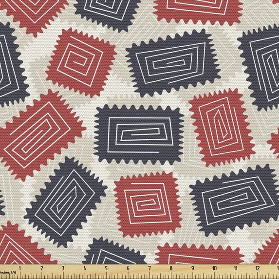 Geometric Fabric by the Yard Upholstery, Spiral Lines in Jagged Border Rectangles, Decorative Fabric for DIY and Home Accents, Champagne Dark Salmon by Ambesonne