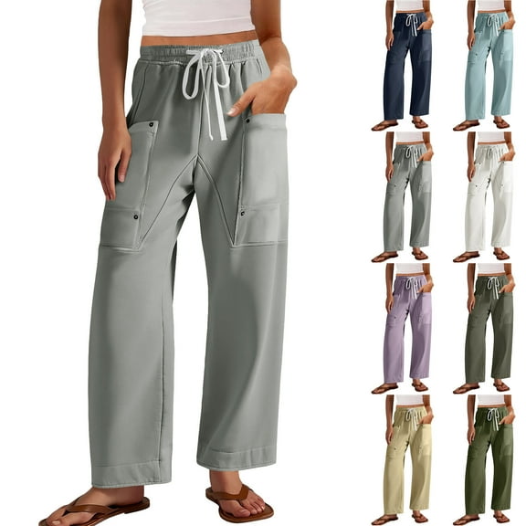 QATAINLAV Barrel Sweatpants Women Drawstring High Waisted Wide Leg Lounge Trousers Solid Casual Patchwork Pockets Sweat Pants, Dark Blue, XXL