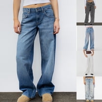 Frostluinai Women's Low Rise Baggy Jeans with Pocket Retro Dark Wash Straight Wide Leg Denim Pants Loose Boyfriends Jeans