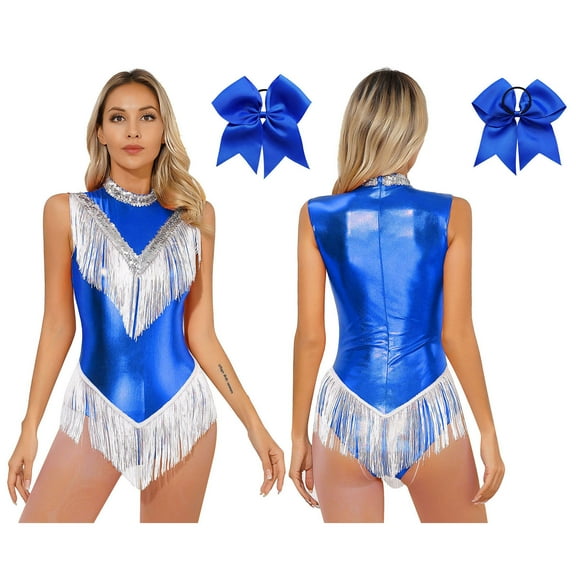 TiaoBug Women Metallic Latin Dance Leotard Fringe Cheerleading Uniform Outfits With Headwear Blue XL