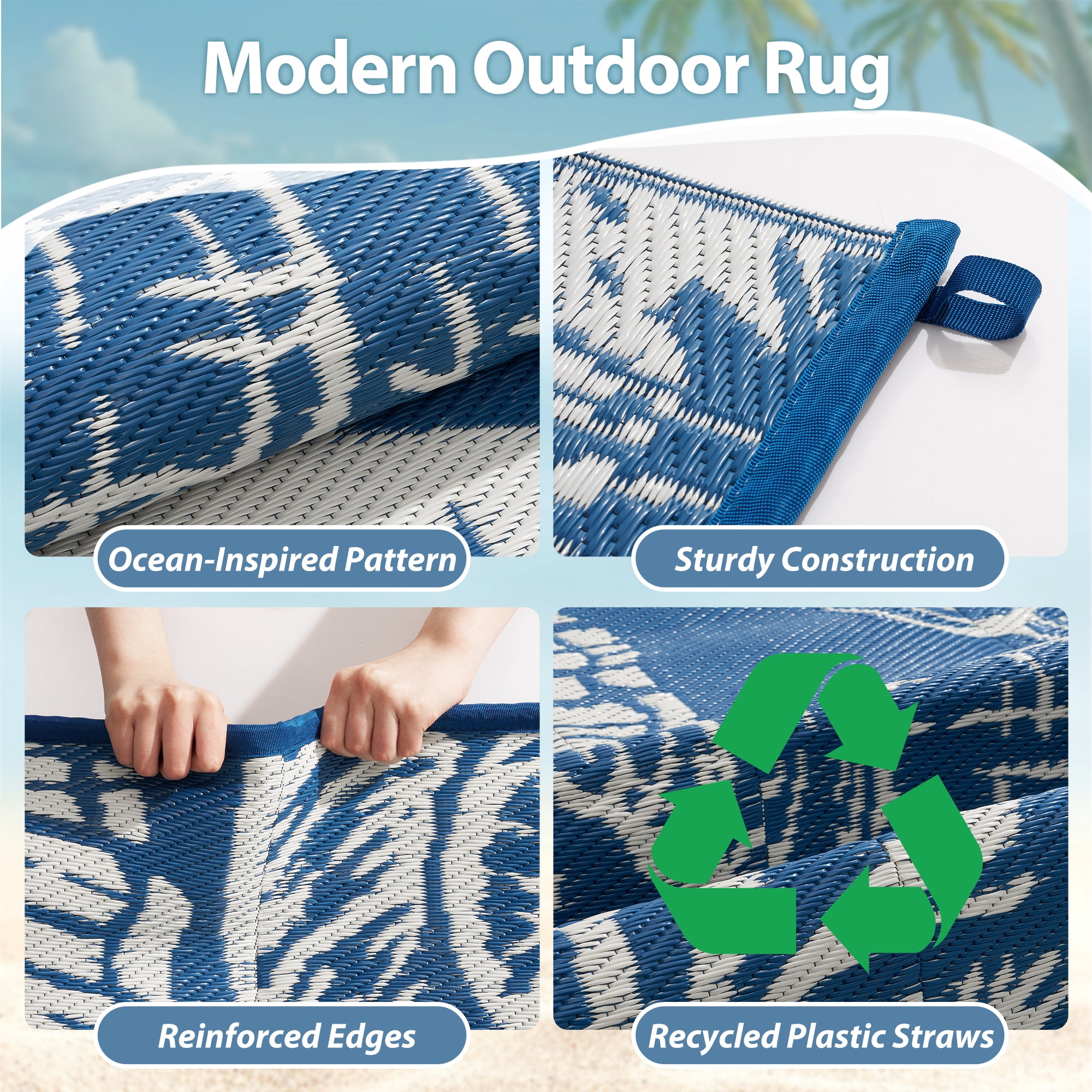 SIXHOME 8'x10' Waterproof Reversible Outdoor Rug, Coastal Ocean-Inspired Patio Rug, Lightweight Woven Plastic Carpet for RV, Camping, Deck & Balcony, Blue