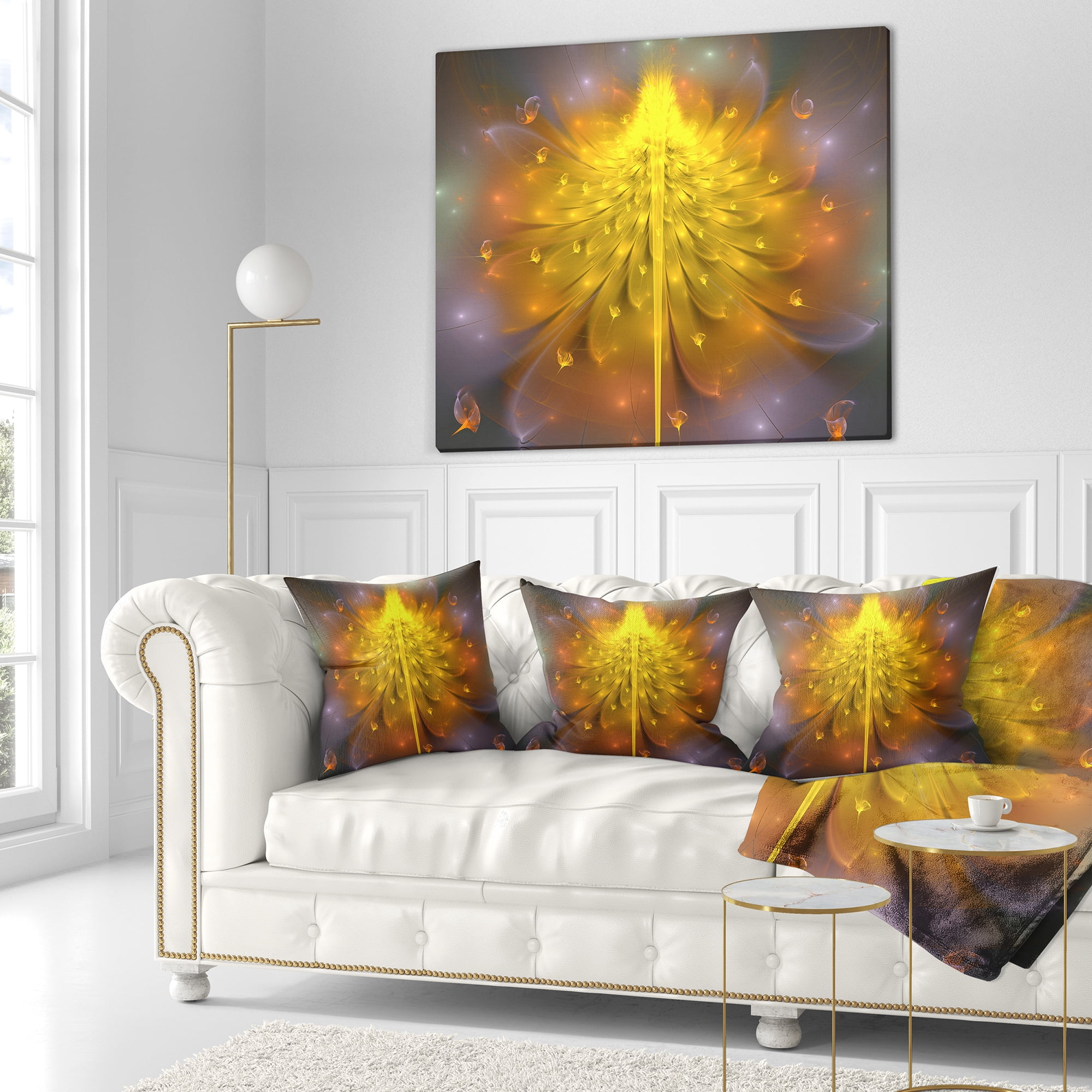 Designart Yellow Fractal Flower with Pink - Floral Throw Pillow - 18x18