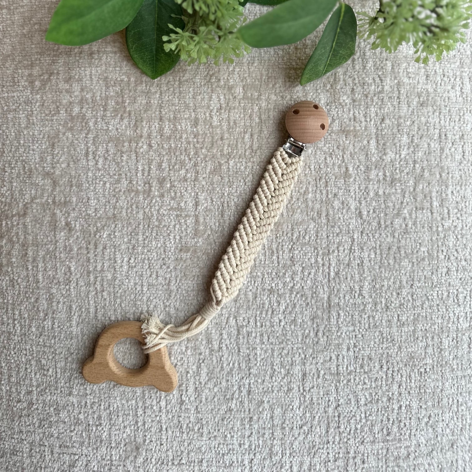 Organic Cotton Handmade Crotchet Bear Rattle, Toy, teether and Pacifier Holder Baby Shower/Birthday Gift Set., Small, Beige