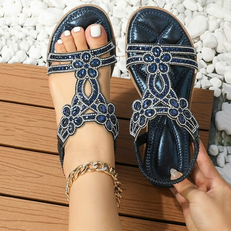 

UIX Women Rhinestone Decor Slingback Sandals Glamorous Sandals Elastic Ankle Strap Casual Bohemian Beach Shoes