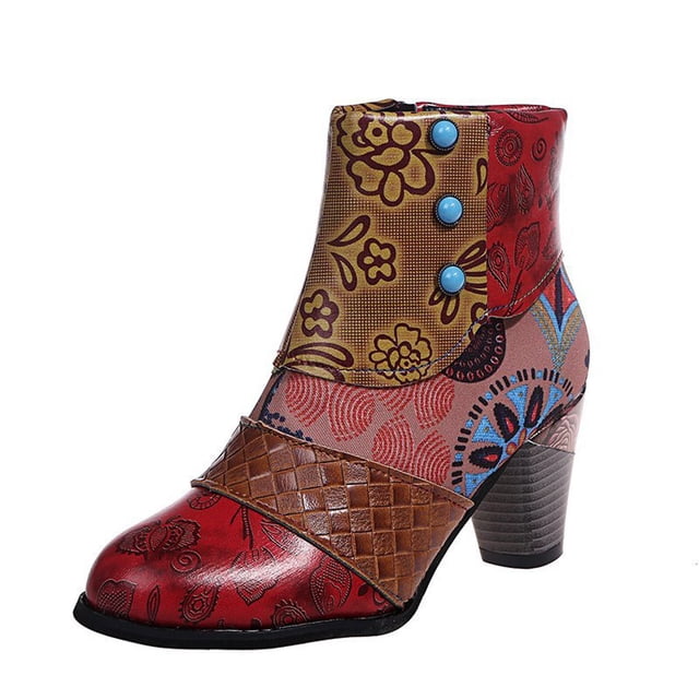 CEHVOM Bottes Courtes en Cuir pour Femmes, Style Rétro National, à Talon Moyen avec Fermeture Éclair et Empiècements