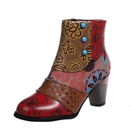 

EQWLJWE 2022 Booties for Women s Shoes Retro National-Style Splicing Mid Heel Zipper Short Leather Boots Deals Discount Clearance