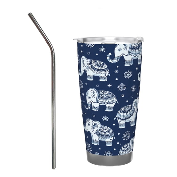 20oz Blue White Elephant Mandala Insulated Tumbler with Handle and Straw Boho Travel Cup Gift for Elephant Lovers with Stainless Steel Straw