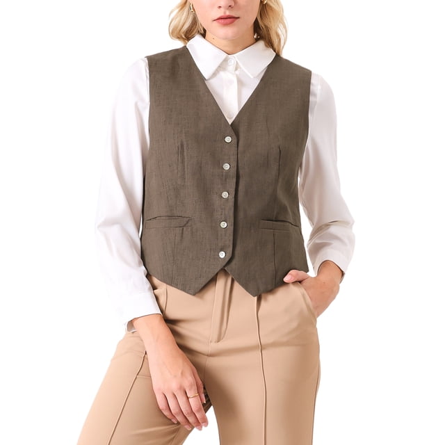 CHALCO INSPIRADOR Chaleco de Lino para Mujeres Sin Mangas con Cierre de Botones y Escote en V para Trabajo Formal 2XL Marrón