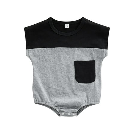 

Frobukio Newborn Baby Boys Girls Summer Romper Short Sleeve Contrast Color Pocket Bodysuit Infant Jumpsuit Black 0-6 Months