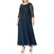 Angle View: J Kara Womens Plus Size Long Scoop Neck Asymetrical Beaded Dress, Navy/Shaded/Mercury, 24W