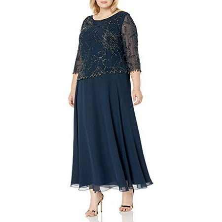 J Kara Womens Plus Size Long Scoop Neck Asymetrical Beaded Dress, Navy/Shaded/Mercury, 24W