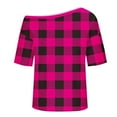 thumbnail image 5 of YUGYXL Women's Off Shoulder Shirt Fashion Plaid Short Sleeve Crewneck Tee Shirts Spring Loose Comfort Casual Tops Hot Pink XL, 5 of 6