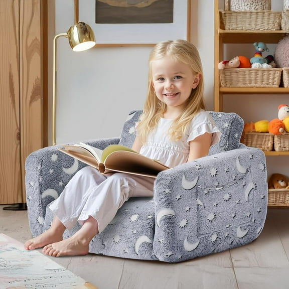 2-in-1 Kids Sofa, Foldable Toddler Soft Couch with Armrests, Glow in The Dark Kids Couch Fold Out with 28D Sponge & Flannel, Convertible Toddler Chair to Lounger for Reading and Gaming, Grey