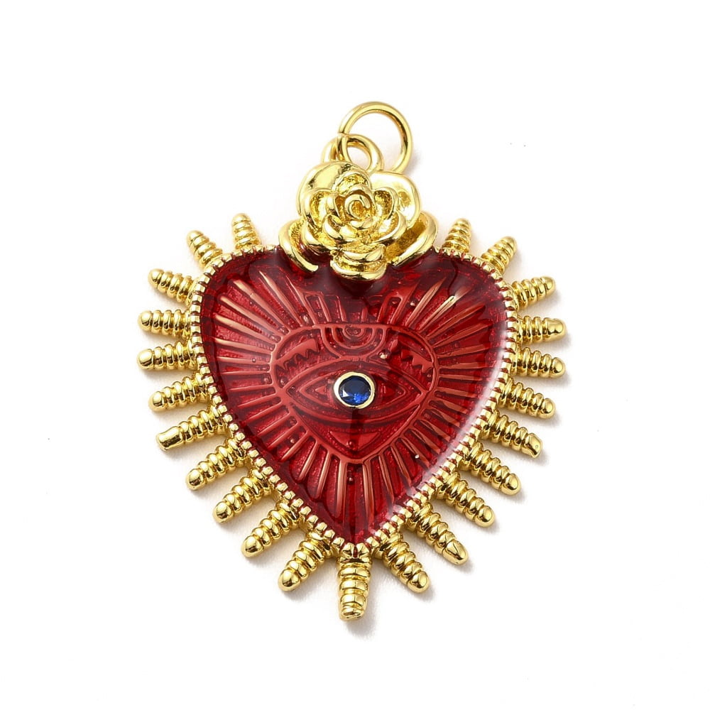 10pc Rack Plating Brass Enamel Pendants Grade AAA Cubic Zirconia Heart with Eye Red 30x25x3.5mm Jump Ring: 5x0.6mm Inner Diameter: 3.5mm
