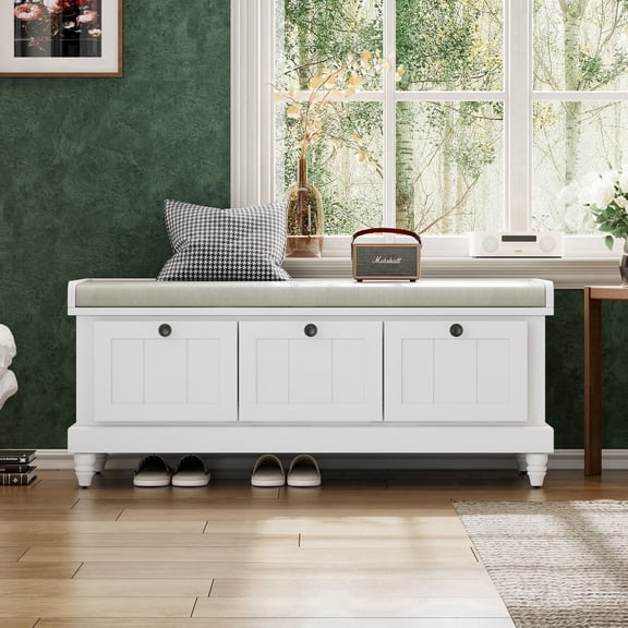 44" Storage Bench, Fluted Shoe Cabinet with Hidden Storage Space and 3 Doors, Wood Bench End of Bed with Cushion, for Living Room, Hallway, Entryway