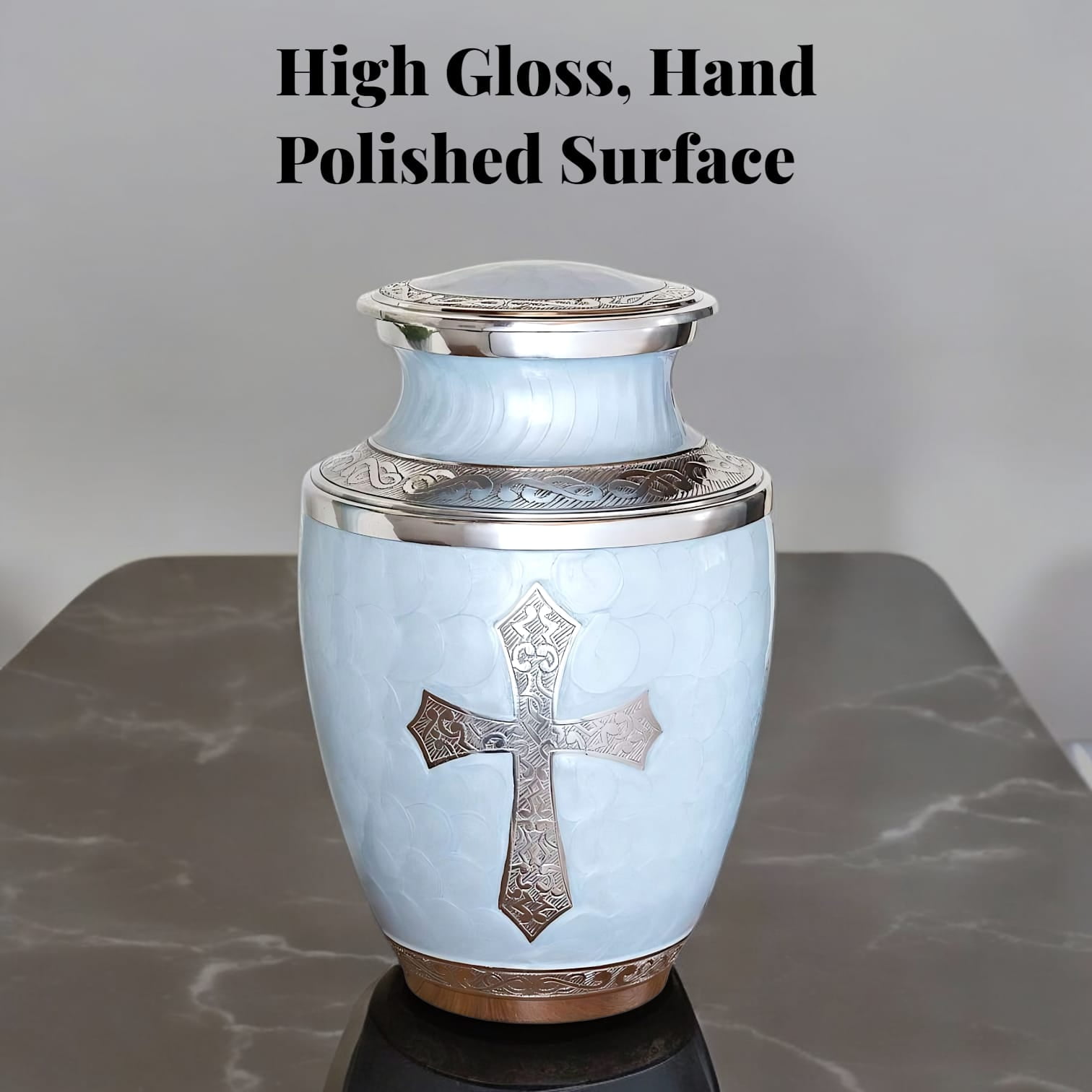 Cremation Urn for Human Ashes, Adult Sized Handmade Aluminium Urn with Cross Engraving, 200 Cubic Inches