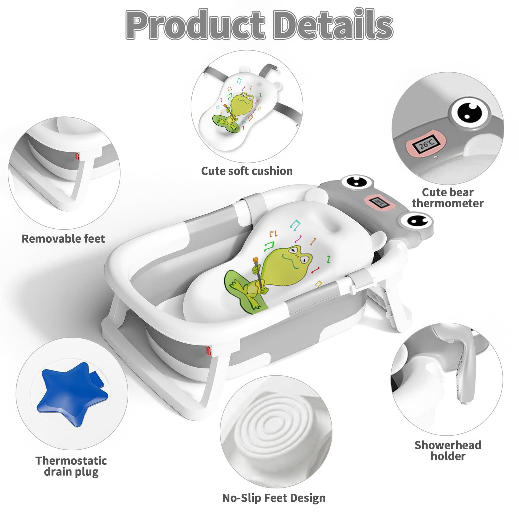 Babyomi Baby Bathtub Portable Baby Tub with Cute Bear Thermometer and Showerhead Holder, Bath Tub Thermostatic Drain Plug and No-Slip Feet Design to Newborn, Grey