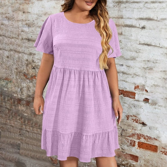 Caywon Women's Plus Size Solid Color Crew Neck Short Sleeve Dress Loose Comfy Breathable Lightweight Casual Daily Summer Dress for Curvy Ladies